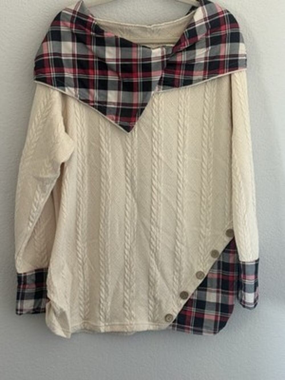 Hooded Sweater Tunic Womens Size 4XL Cream Pullover Red Plaid Lagenlook Cozy